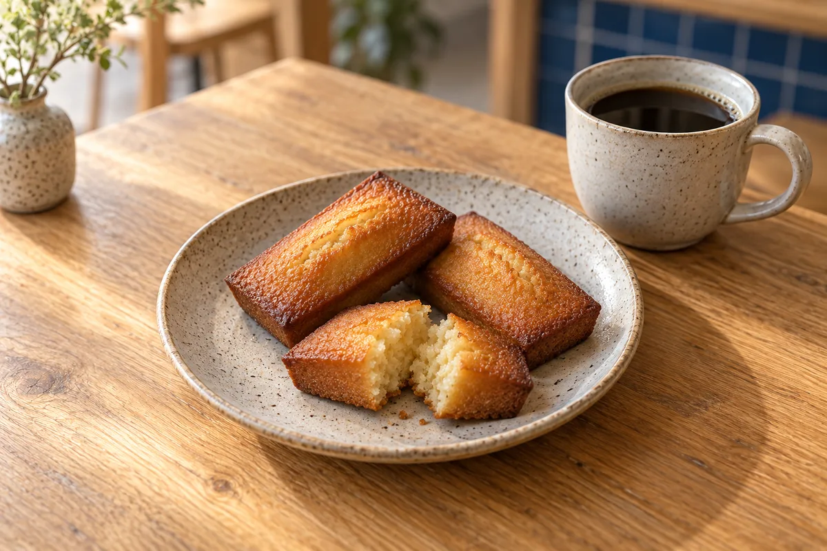 灰色の陶器の皿に並ぶ小さな焼き菓子。割った断面とこんがりした縁