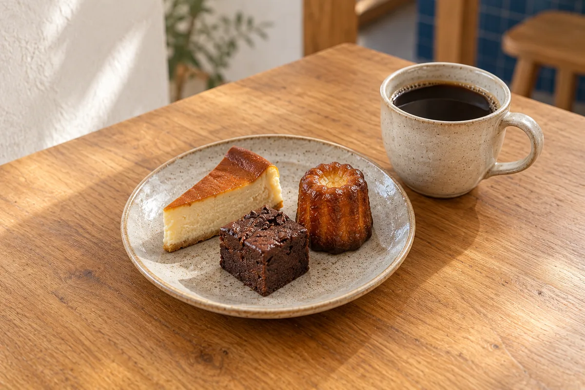 小さなチーズケーキ、チョコケーキ、カヌレの盛り合わせとコーヒー