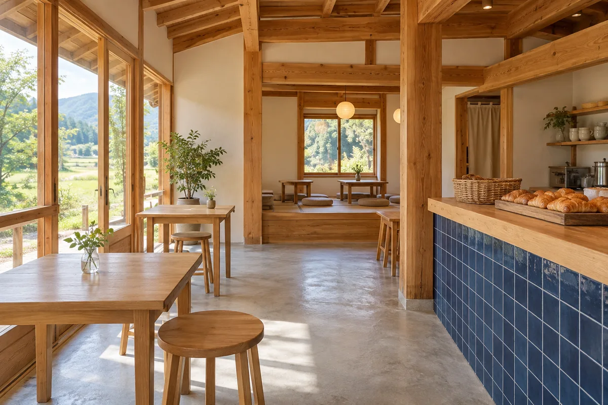 明るい木の梁と白い壁、青いタイルのカウンター、窓辺のテーブルがある小さなカフェ